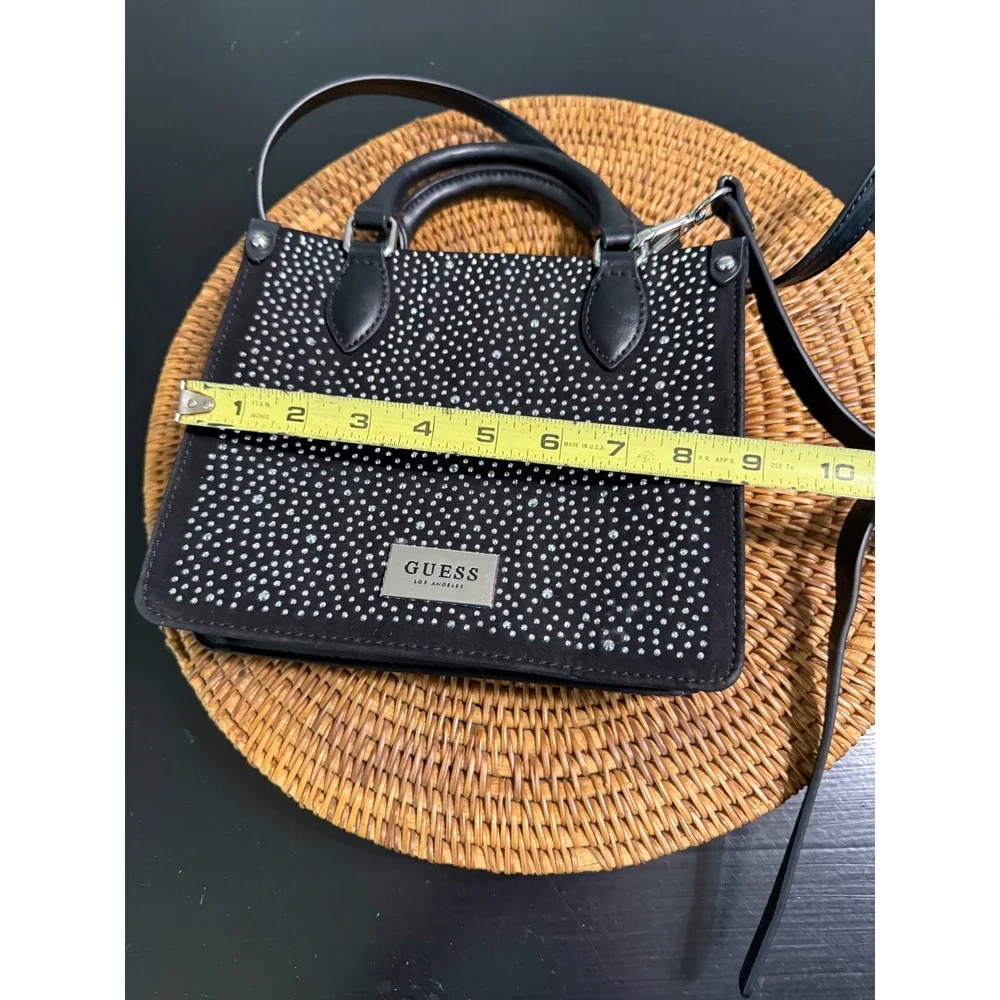 Guess Los Angeles Black Rhinestone Mini Tote Crossbody Bag Satchel Silver Logo